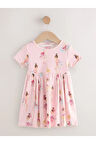 % 100 Pamuklu Pembe Balerin Desenli Kısa Kollu Elbise