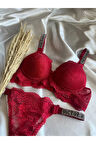 Dantelli Lastiği Taşlı Balenli Destekli Dolgulu Push Up Kırmızı Sütyen Ve String Iç Çamaşırı Takımı