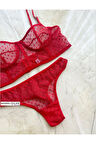 Kıırmızı Puantiyeli Brode Balenli Bra Sütyen Iç Çamaşırı Tanga Takımı