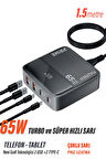  45W Süper Hızlı - 65W Turbo Hızlı Şarj Cihazı 4in1 Gan Teknolojisi 2 USB+2 Type-C Pd 3.0 LCD Ekranlı