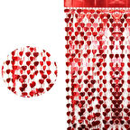 Kırmızı Renk Kalp Şekilli Metalize Saçaklı Arka Fon Perde Dekorasyon - Lisinya