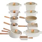 NEOFLAM Fika Bej 22 Parça Cam Kapaklı Seramik Kaplama Döküm Tencere Tava Seti