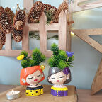 2 Li  Sevimli  Kız Saksı  Dekor Mumluk Set