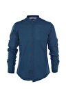 Erkek Moda Uzun Kol Dokuma Koyu Lacivert Slim Fit Basic Hakim Yaka Apoletli %100 Pamuklu Gömlek