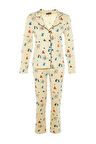 Kadın Moda Şık Gömlek Yaka Boru Paça Uzun Kol %100 Pamuklu Desenli Örme Pijama Takımı