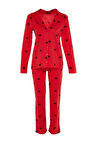 Kadın %100 Pamuk Ceket Yaka Uzun Kol %100 Pamuk Kalp Desenli Gömlek-Pantolon Örme Pijama Takımı