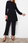 Kadın Moda Şık Geniş Paça Uzun Kollu Kuşgözü Bağlama Detaylı Aerobin Tunik-Pantolon Takım