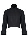 Kadın Moda Şık Crop Balıkçı Yaka Uzun Kol Düz Crop Basic Triko Kazak