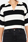 Kadın Moda Şık Crop Polo Yaka Truvakar Kol Kol Çizgili Crop Polo Yaka Basic Triko Kazak