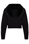 Kadın Moda Şık Crop V Yaka Regular Crop Kürk Detaylı Triko Hırka