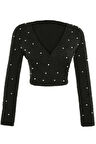 Kadın Crop Kruvaze Uzun Kol Nakışlı Süper Crop Tüylü Sakal İplikli İnci Detaylı Triko Kazak