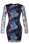 Kadın Moda Şık Mini Boy Bisiklet Yaka Slim Baskılı Tül Fitted Vücuda Oturan Esnek Örme Elbise