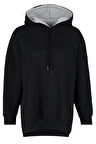 Kadın Moda Şık Oversize Kapüşonlu Düşük Kol Uzun Geniş Kalıp İçi Polarlı Örme Spor Sweatshirt