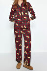 Kadın %100 Pamuk Bisiklet Yaka Uzun Kol Çok Renkli Ayıcık Desenli Ekoseli Örme Pijama Takımı