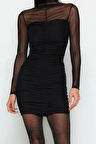 Kadın Moda Şık Mini Boy Dik Yaka Fitted Vücuda Oturan Astarlı Örme Tül Kısa Şık Abiye Elbise