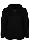 Kadın Büyük Beden Moda Şık Relaxed Kapüşonlu Düşük Kol Uzun Fermuarlı İnce Örme Sweatshirt