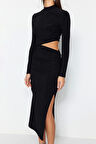Kadın Moda Şık Midi Boy Dik Yaka Fitted Pencere Cut Out Detaylı Şık Abiye Elbise