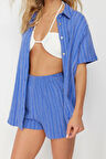 Kadın Moda Şık Regular Kısa Boy Uzun Kollu Dokuma Keten Karışımlı Gömlek Şort Takım