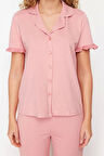 Kadın %100 Pamuk Gömlek Yaka Kısa Kol %100 Pamuk Fırfır Detaylı Örme Pijama Takımı