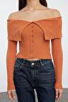 Kadın Moda Şık Crop Carmen Yaka Slim Crop Premium İplik Triko Hırka