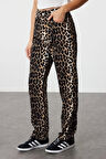 Kadın Yeni Moda Geniş Paça Regular Boy Dokuma Leopar Desenli Düz Kesim Pantolon