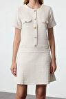 Kadın Moda Şık Mini Boy Bisiklet Yaka Regular A Kesim Düğme Detaylı Tüvit Dokuma Elbise
