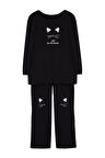 Büyük Beden Kadın Pamuklu Bisiklet Yaka Uzun Kol Kedi Baskılı 2 İplik Örme Pijama Takımı