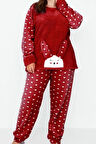Kadın Moda Şık Büyük Beden Bisiklet Yaka Dar Paça Uzun Kol Kalpli Polar Örme Pijama Takımı
