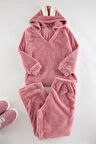 Kadın Moda Büyük Beden Kapüşonlu Boru Paça Uzun Kol Wellsoft Peluş Kulak Detaylı Örme Pijama Takımı