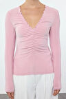 Kadın Moda Şık Üst Giyim Regular V Yaka Slim Kalıp Örme Büzgü Drape Detaylı Vücuda Oturan Esnek Bluz