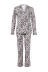 Kadın Boru Paça Uzun Kol Leopar Desenli Kurdele Fiyonklu Biyeli Gömlek Pantolon Pijama Takımı