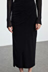 Kadın Moda Stil Maxi Astarsız Örme Büzgü Drape Detaylı Maxi Anvelop Esnek Etek