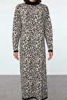 Kadın Moda Şık Tesettür Maxi Boy Dik Yaka Regular Leopar Desenli Triko Elbise