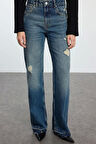 Kadın Moda Şık Kot Pantolon Geniş Paça Uzun Boy Denim Yırtıklı Normal Bel Jeans