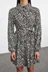 Kadın Moda Şık Mini Boy Gömlek Yaka Regular Kuşaklı Animal Dokuma Elbise