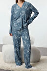 Kadın Moda Şık Gömlek Yaka Boru Paça Uzun Kol Kadın Galaksi Desenli Viskon Dokuma Pijama Takımı