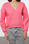 Kadın Regular V Yaka Düşük Kol Regular Basic Normal Kalıp V yaka Kalın İçi Polarlı Örme Sweatshirt