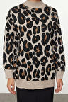 Kadın Tesettür Moda Şık Standart Bisiklet Yaka Uzun Kol Dokulu Leopar Desenli Triko Kazak