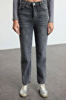 Kadın Moda Şık Kot Pantolon Geniş Paça Uzun Boy Denim Antrasit Yüksek Bel Straight Jeans