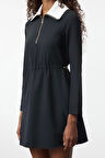 Kadın Moda Şık Mini Boy Dik Yaka Regular A Kesim Beli Ayarlanabilir Dokuma Elbise