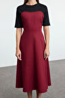 Kadın Moda Şık Midi Boy Bisiklet Yaka Regular Düz Dokuma Elbise