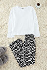 Kadın Moda Şık Bisiklet Yaka Geniş Paça Uzun Kol %100 Pamuklu Leopar Desenli Örme Pijama Takımı