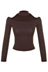 Kadın Crop Choker Yaka Slim Kalıp Örme Carmen Yaka Choker Detaylı Fitted Vücuda Oturan Fitilli Bluz