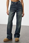 Kadın Moda Şık Kot Pantolon Geniş Paça Uzun Boy Denim Mavi Yüksek Bel Straight Jeans
