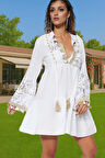 Pamuk Vual Dokuma Dantelli Püsküllü Mini Yazlık Elbise Rahat Ve Şık Modern Stil Yüksek Kalite