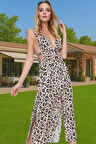 Plaj Şıklığı İçin Leopar Desenli Maxi Viskoz Elbise Yırtmaç Detaylı Özenle Seçilmiş Zarifane Tasarım