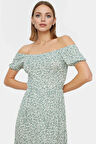 Rahat Örme Midi Elbise 93%Polyester 7%Elastan Carmen Yaka Puantiyeli Konforlu Kesim