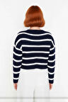 Kadın Crop Boy Akrilik Triko Kazak Bisiklet Yaka Geniş Kalıp Çizgili Soğuk Havalara Uygun Kaliteli