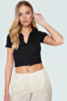 Pamuklu Polyester Örme Crop Bluz Polo Yaka Fitted Kısa Kollu Konforlu Kesim Trend Tasarım