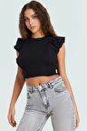 Yazlık Kadın Crop Bluz Pamuklu Örme Kumaş Fırfırlı Kol Detayı Bisiklet Yaka Rahat Ve Şık